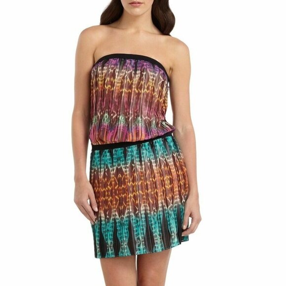 BCBG Maxazria Strapless Mini Dress Large Pleated Georgette Boho Tribal - Picture 1 of 12